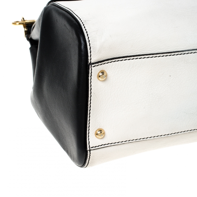 Pre Owned Dolce and Gabbana White/Black Leather Large Miss Sicily Top Handle Bag