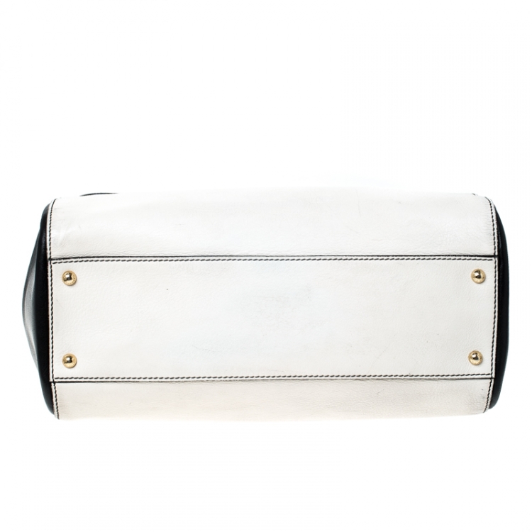 Pre Owned Dolce and Gabbana White/Black Leather Large Miss Sicily Top Handle Bag