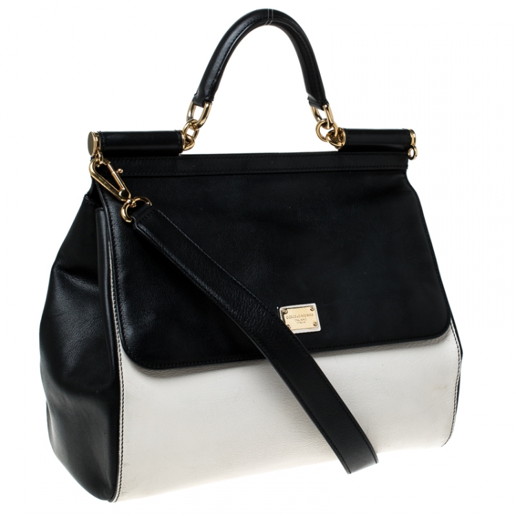 Pre Owned Dolce and Gabbana White/Black Leather Large Miss Sicily Top Handle Bag