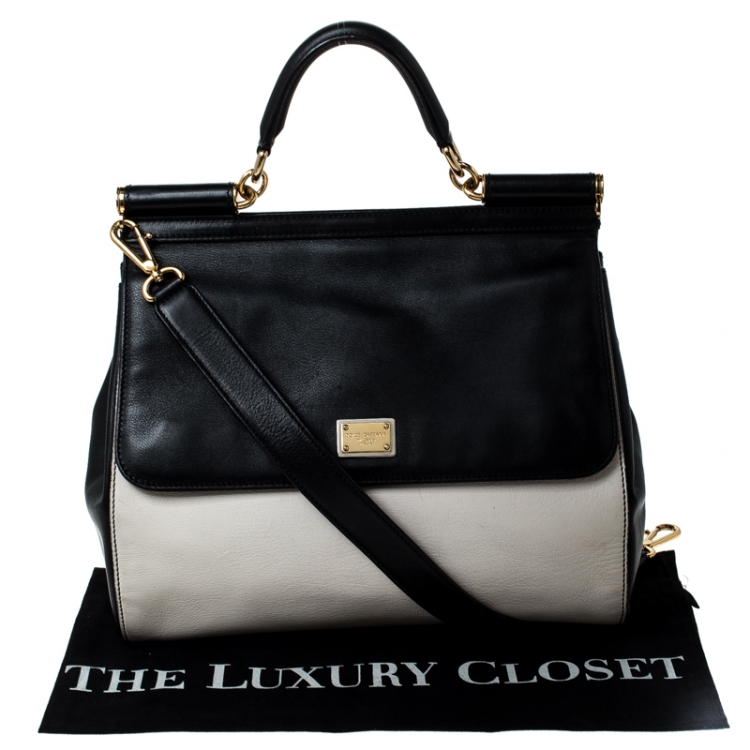 Pre Owned Dolce and Gabbana White/Black Leather Large Miss Sicily Top Handle Bag