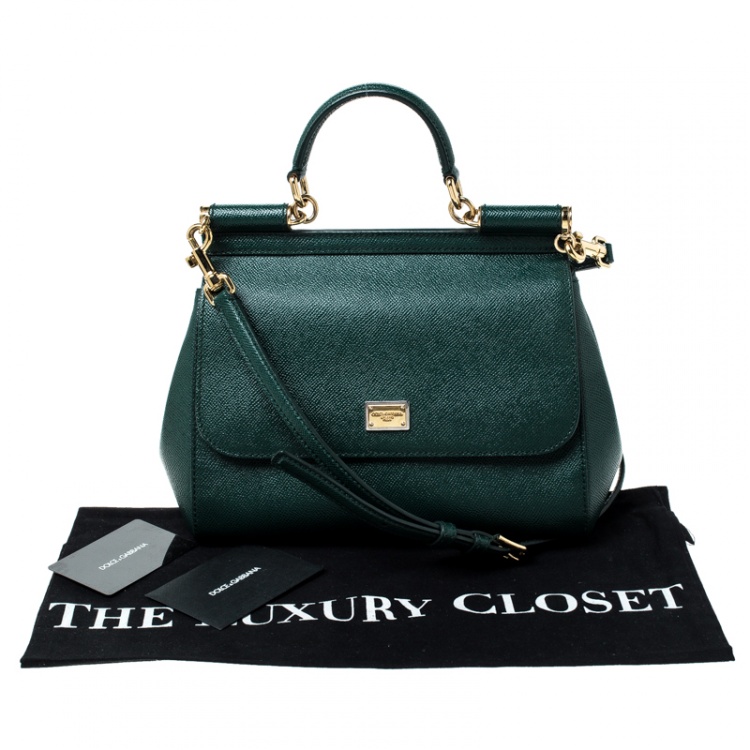 Pre Owned Dolce and Gabbana Green Leather Medium Miss Sicily Top Handle Bag