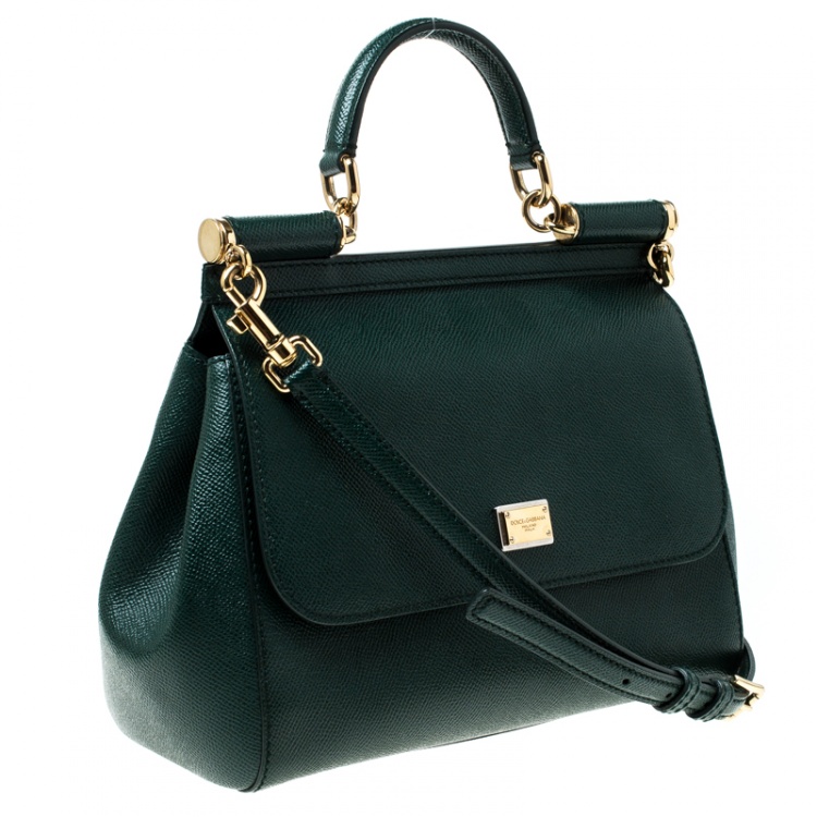 Pre Owned Dolce and Gabbana Green Leather Medium Miss Sicily Top Handle Bag