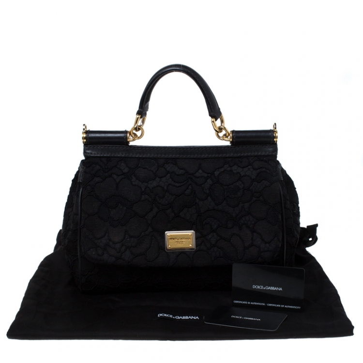 Pre Owned Dolce and Gabbana Black Lace Medium Miss Sicily Top Handle Bag