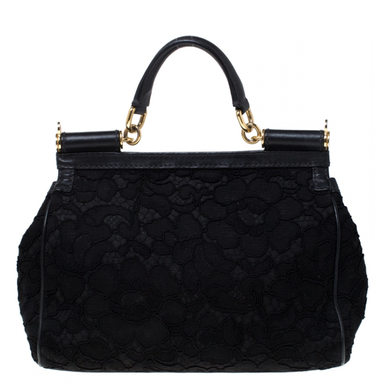 Pre Owned Dolce and Gabbana Black Lace Medium Miss Sicily Top Handle Bag