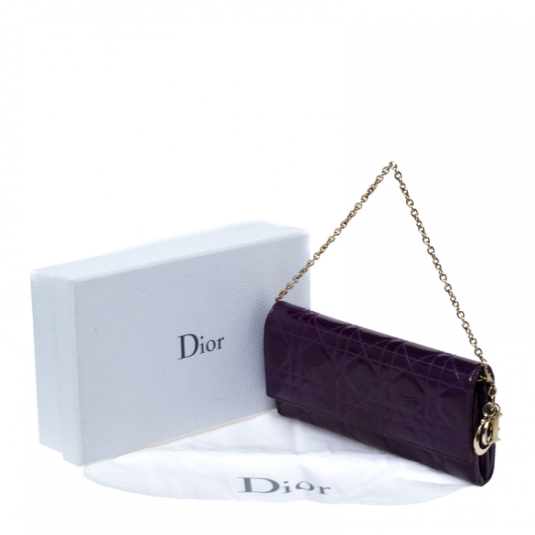 Pre Owned Dior Purple Cannage Patent Leather Lady Dior Wallet on Chain