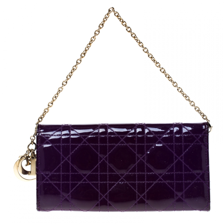Pre Owned Dior Purple Cannage Patent Leather Lady Dior Wallet on Chain