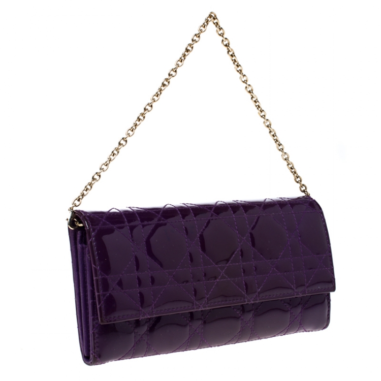 Pre Owned Dior Purple Cannage Patent Leather Lady Dior Wallet on Chain