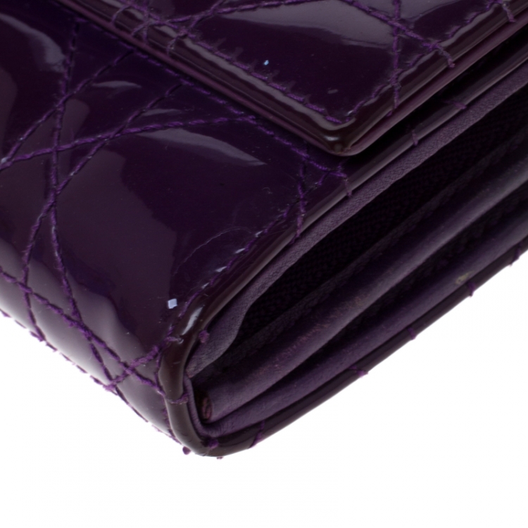 Pre Owned Dior Purple Cannage Patent Leather Lady Dior Wallet on Chain