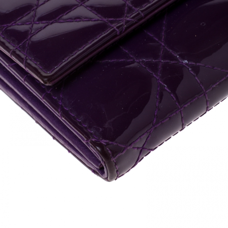 Pre Owned Dior Purple Cannage Patent Leather Lady Dior Wallet on Chain