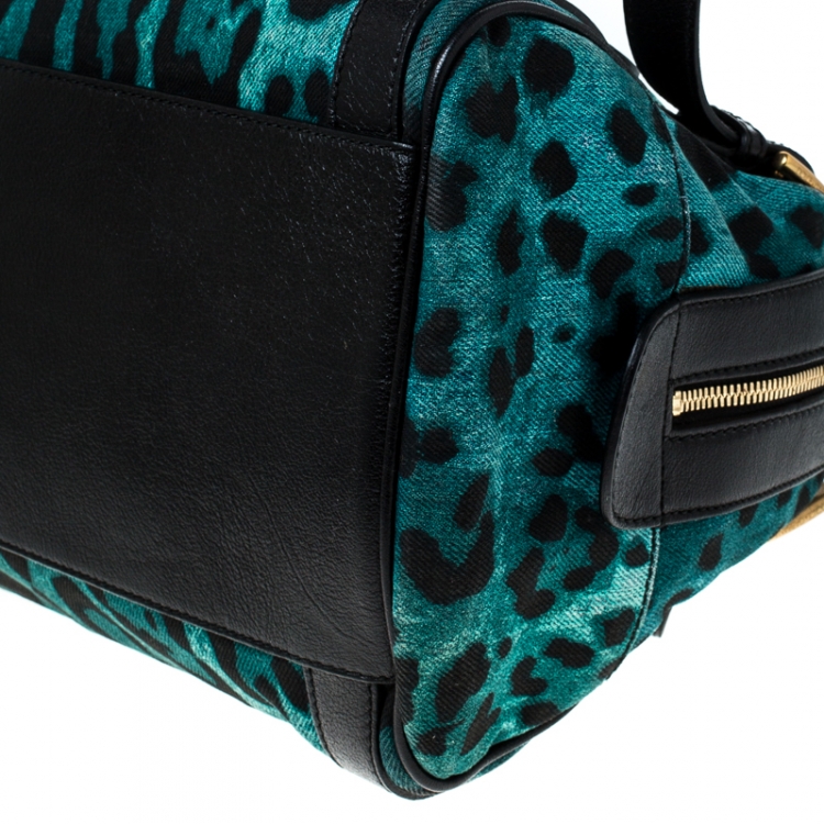 Pre Owned Dolce and Gabbana Green Cheetah Print Canvas and Leather Easy Way Satchel
