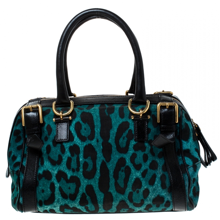 Pre Owned Dolce and Gabbana Green Cheetah Print Canvas and Leather Easy Way Satchel