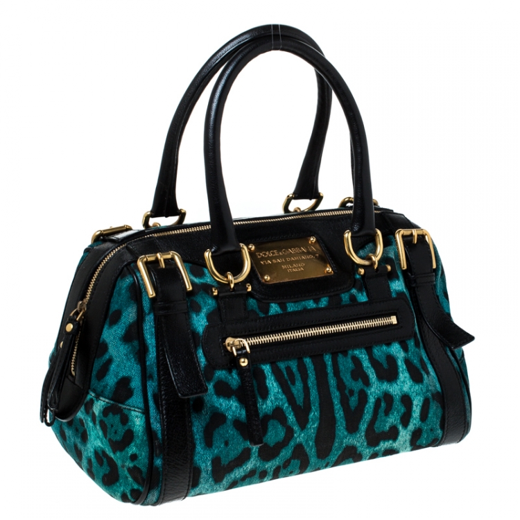 Pre Owned Dolce and Gabbana Green Cheetah Print Canvas and Leather Easy Way Satchel