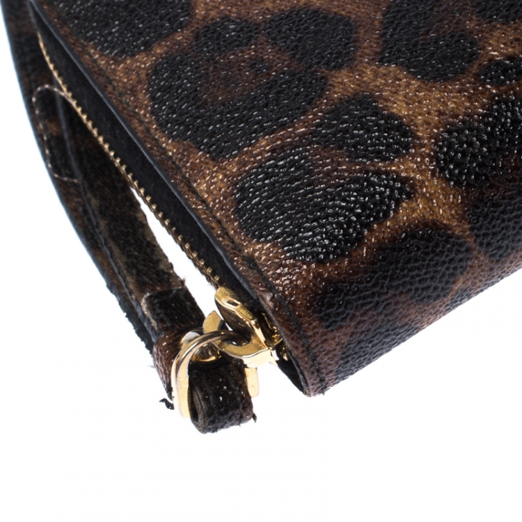 Pre Owned Dolce & Gabbana Brown/Black Leopard Print Leather Zip Around Wallet 
