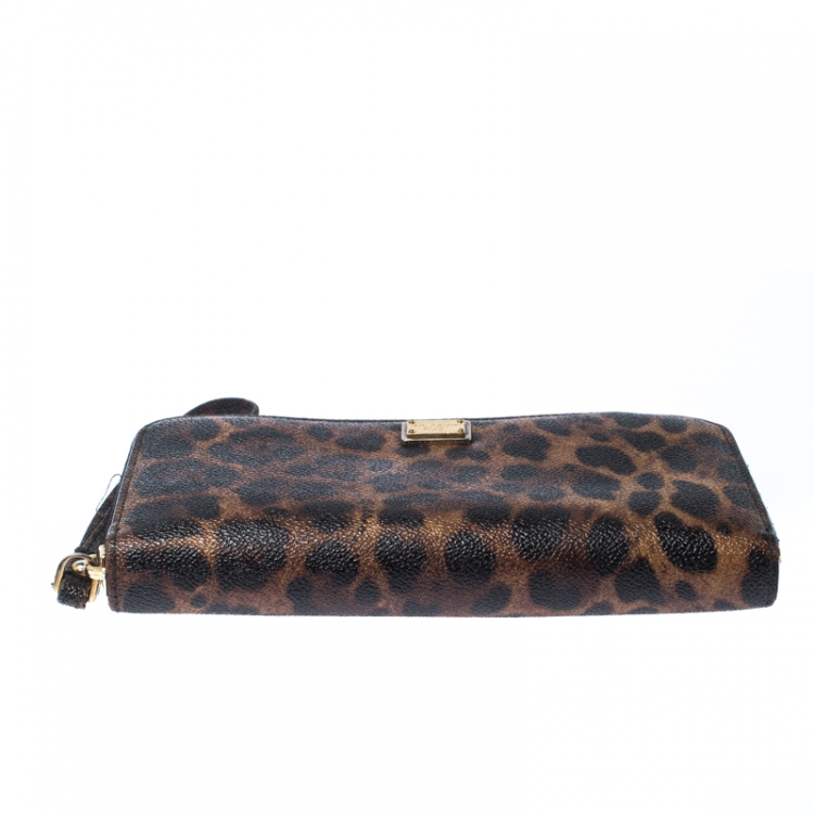 Pre Owned Dolce & Gabbana Brown/Black Leopard Print Leather Zip Around Wallet 