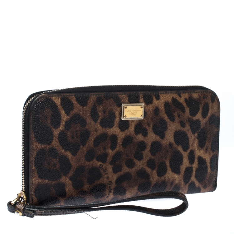 Pre Owned Dolce & Gabbana Brown/Black Leopard Print Leather Zip Around Wallet 