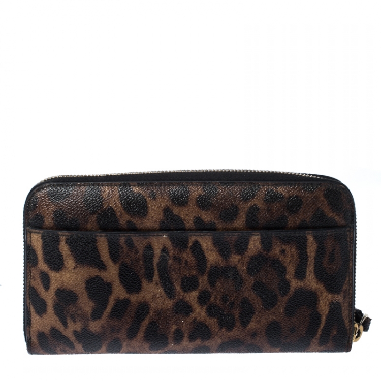 Pre Owned Dolce & Gabbana Brown/Black Leopard Print Leather Zip Around Wallet 