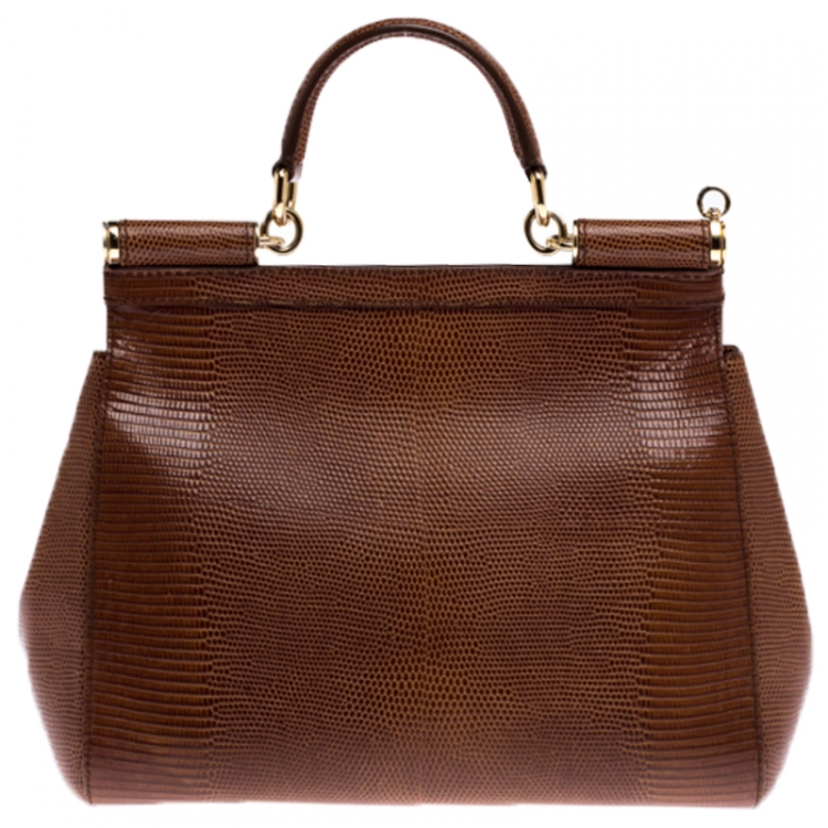 Pre Owned Dolce & Gabbana Brown Lizard Embossed Leather Medium Miss Sicily Top Handle Bag