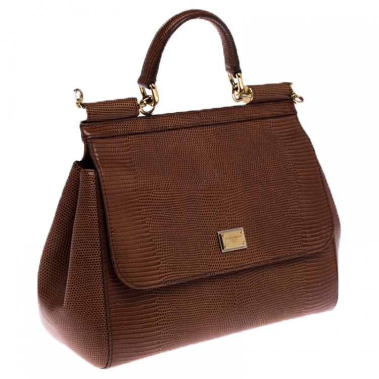 Pre Owned Dolce & Gabbana Brown Lizard Embossed Leather Medium Miss Sicily Top Handle Bag