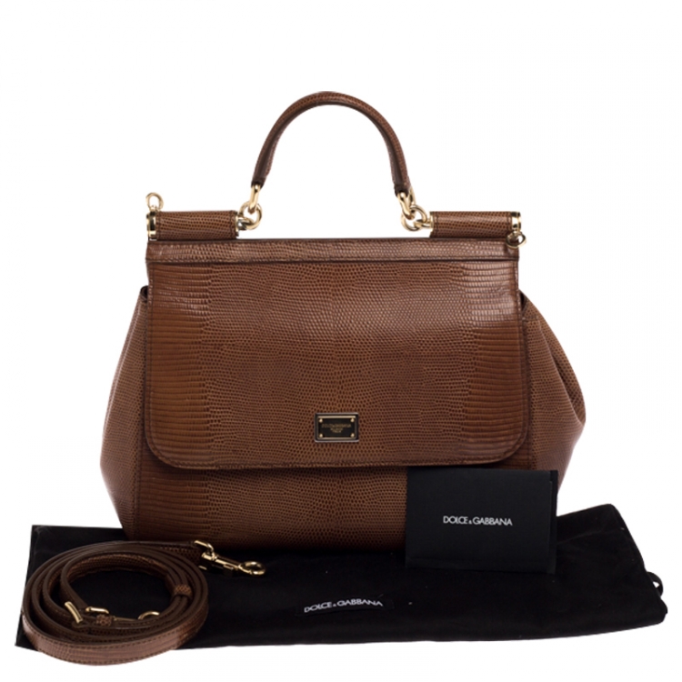 Pre Owned Dolce & Gabbana Brown Lizard Embossed Leather Medium Miss Sicily Top Handle Bag