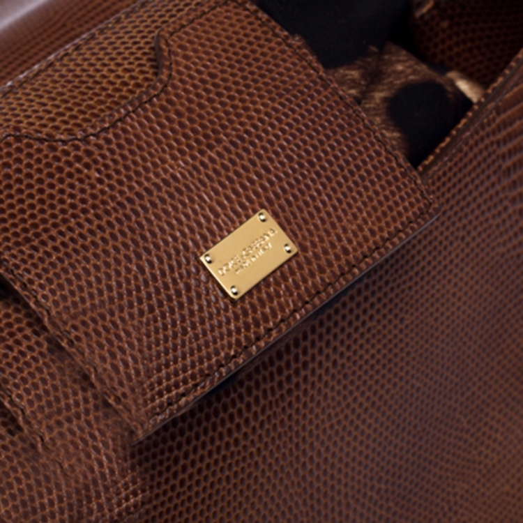 Pre Owned Dolce & Gabbana Brown Lizard Embossed Leather Medium Miss Sicily Top Handle Bag