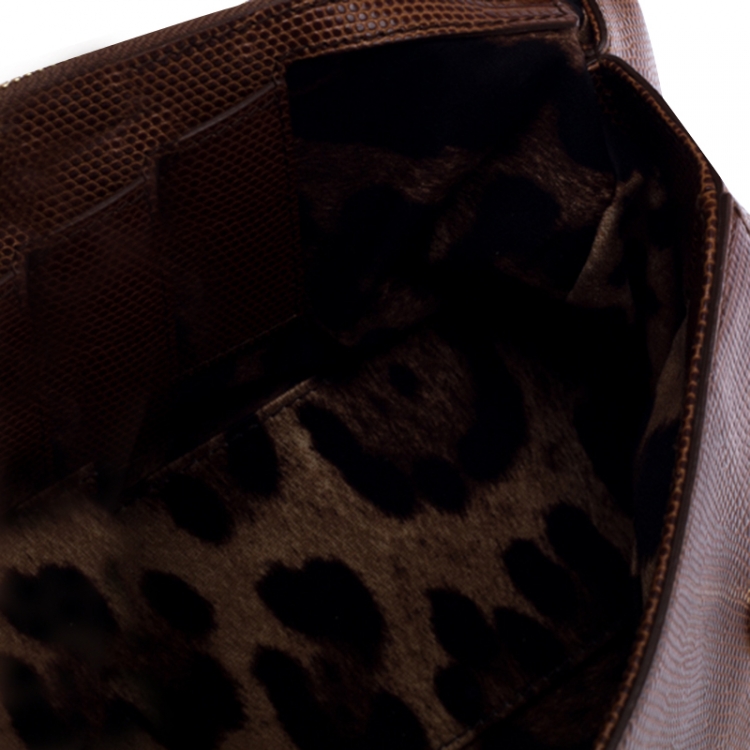 Pre Owned Dolce & Gabbana Brown Lizard Embossed Leather Medium Miss Sicily Top Handle Bag