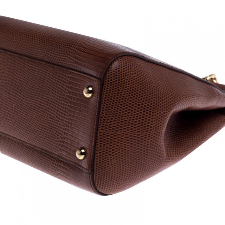 Pre Owned Dolce & Gabbana Brown Lizard Embossed Leather Medium Miss Sicily Top Handle Bag