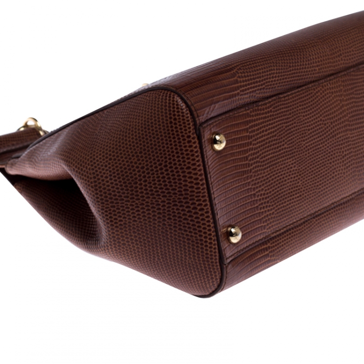 Pre Owned Dolce & Gabbana Brown Lizard Embossed Leather Medium Miss Sicily Top Handle Bag