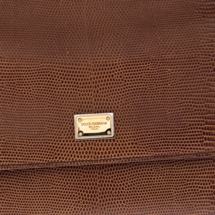 Pre Owned Dolce & Gabbana Brown Lizard Embossed Leather Medium Miss Sicily Top Handle Bag