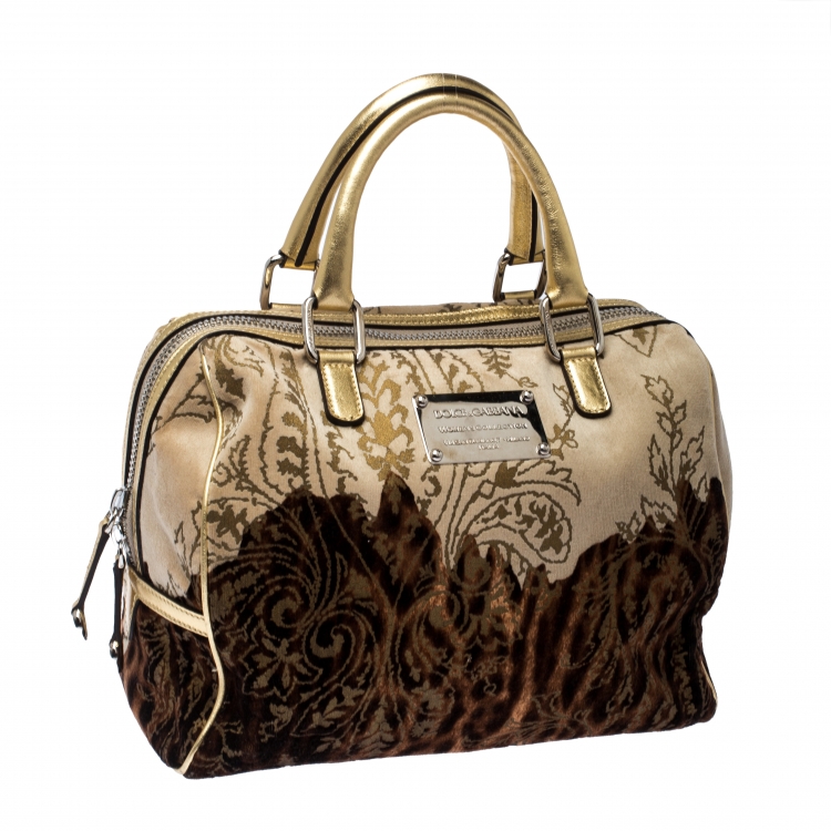 Pre Owned Dolce and Gabbana Brown/Gold Printed Velvet and Patent Leather Satchel