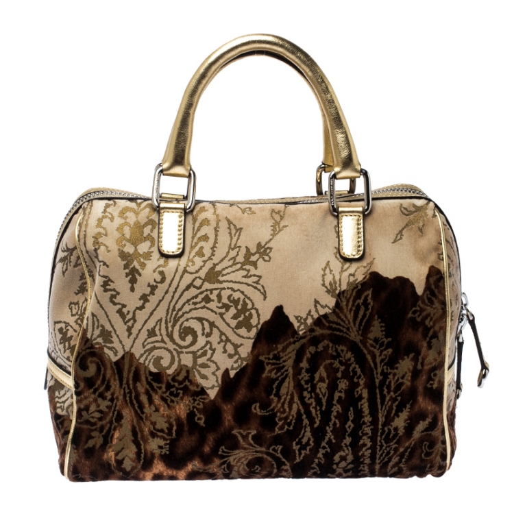 Pre Owned Dolce and Gabbana Brown/Gold Printed Velvet and Patent Leather Satchel
