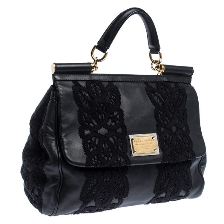 Pre Owned Dolce & Gabbana Black Leather and Lace Medium Soft Miss Sicily Top Handle Bag