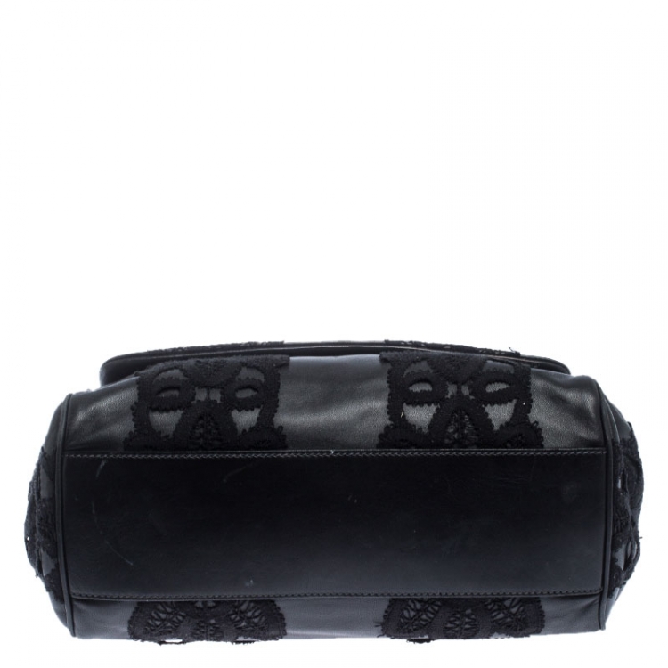 Pre Owned Dolce & Gabbana Black Leather and Lace Medium Soft Miss Sicily Top Handle Bag