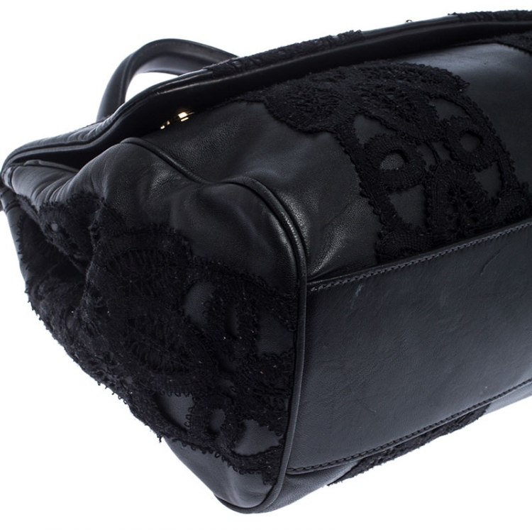Pre Owned Dolce & Gabbana Black Leather and Lace Medium Soft Miss Sicily Top Handle Bag