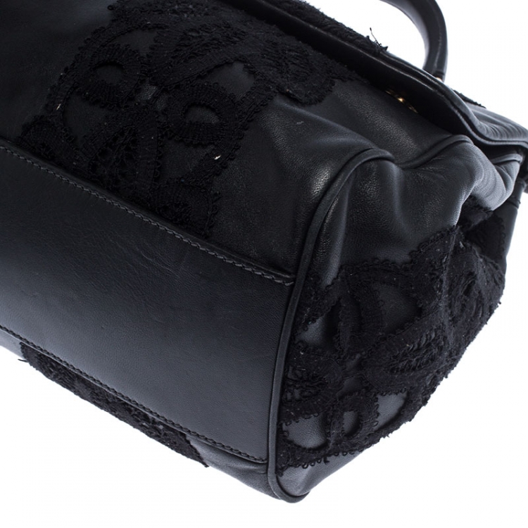 Pre Owned Dolce & Gabbana Black Leather and Lace Medium Soft Miss Sicily Top Handle Bag