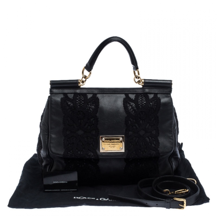 Pre Owned Dolce & Gabbana Black Leather and Lace Medium Soft Miss Sicily Top Handle Bag
