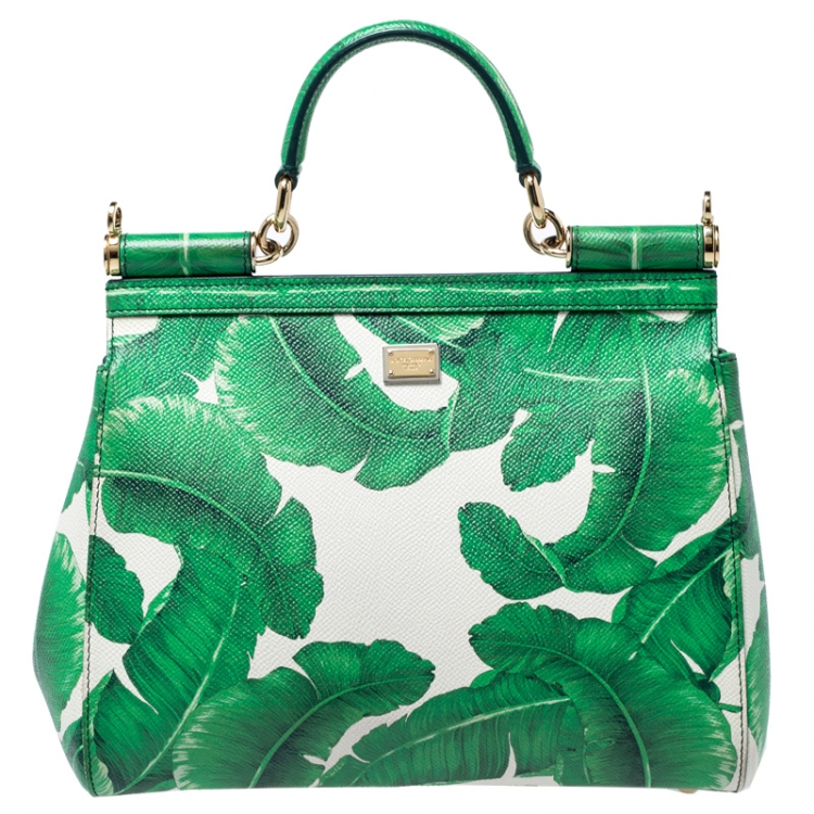 Pre Owned Dolce & Gabbana Banana Leaf Print Leather Medium Miss Sicily Tote