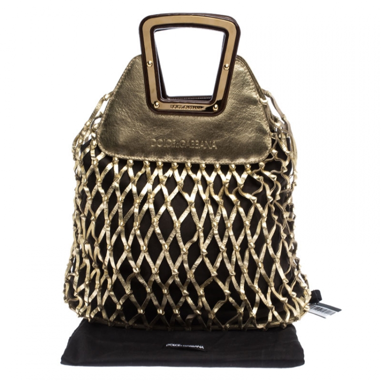 Pre Owned Dolce and Gabbana Gold Cage Leather and Canvas Cut Out Top Handle Bag