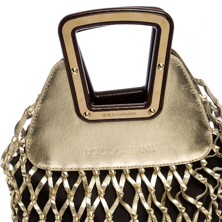 Pre Owned Dolce and Gabbana Gold Cage Leather and Canvas Cut Out Top Handle Bag