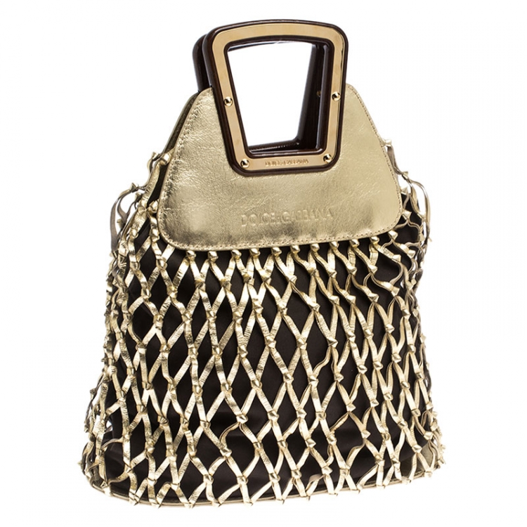 Pre Owned Dolce and Gabbana Gold Cage Leather and Canvas Cut Out Top Handle Bag