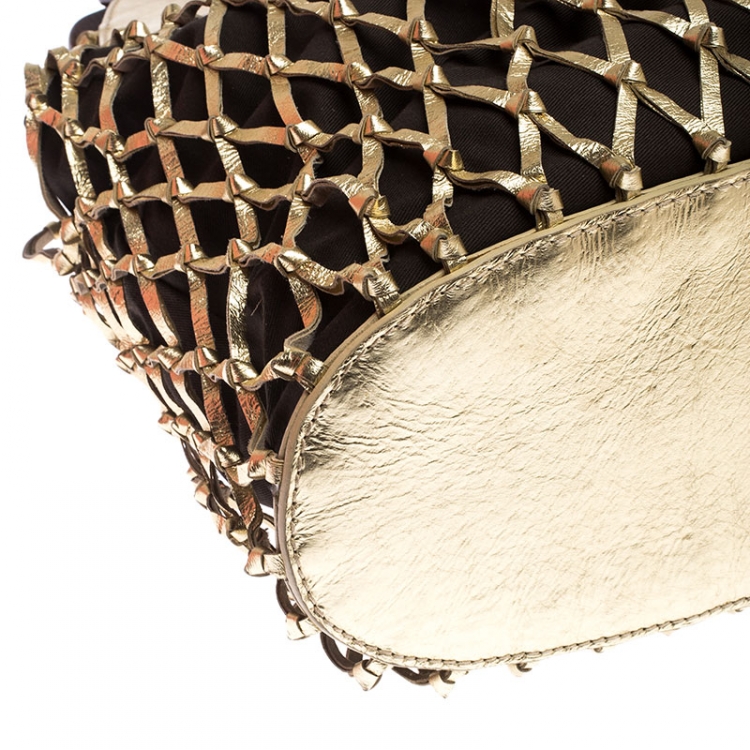Pre Owned Dolce and Gabbana Gold Cage Leather and Canvas Cut Out Top Handle Bag