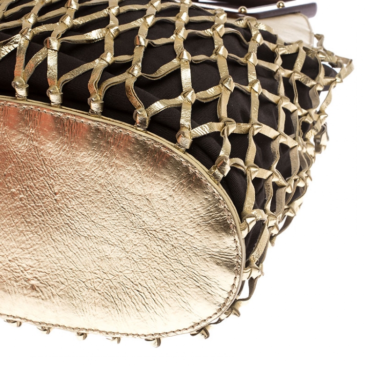 Pre Owned Dolce and Gabbana Gold Cage Leather and Canvas Cut Out Top Handle Bag