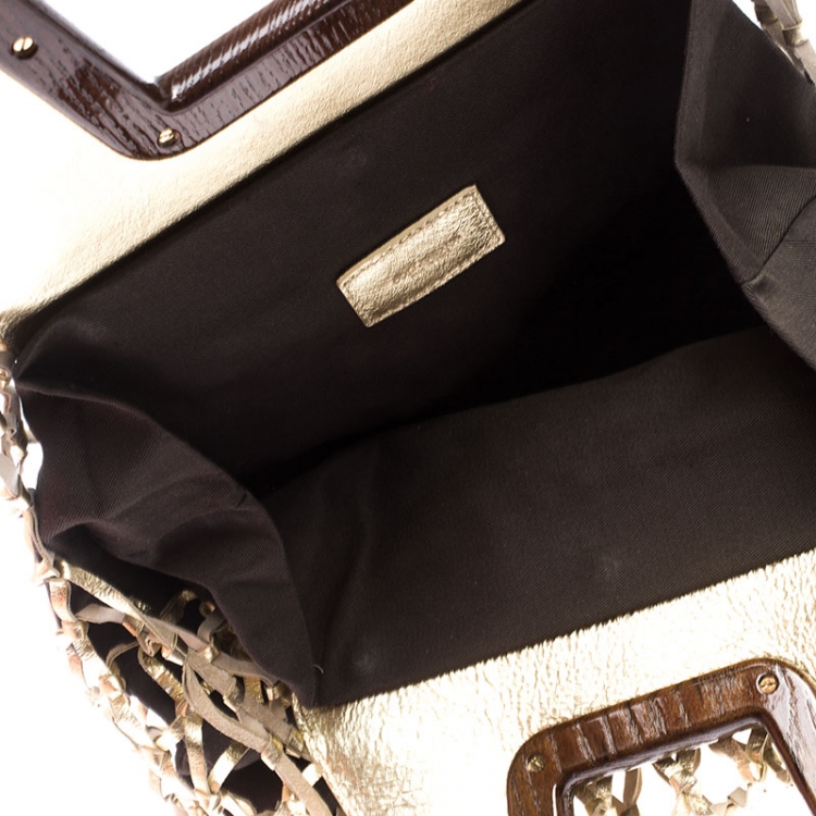 Pre Owned Dolce and Gabbana Gold Cage Leather and Canvas Cut Out Top Handle Bag