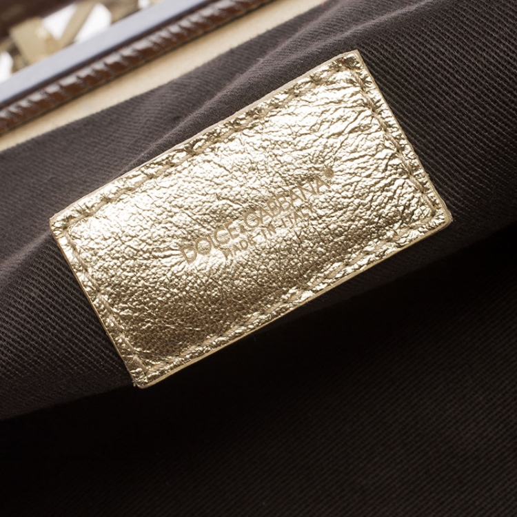 Pre Owned Dolce and Gabbana Gold Cage Leather and Canvas Cut Out Top Handle Bag