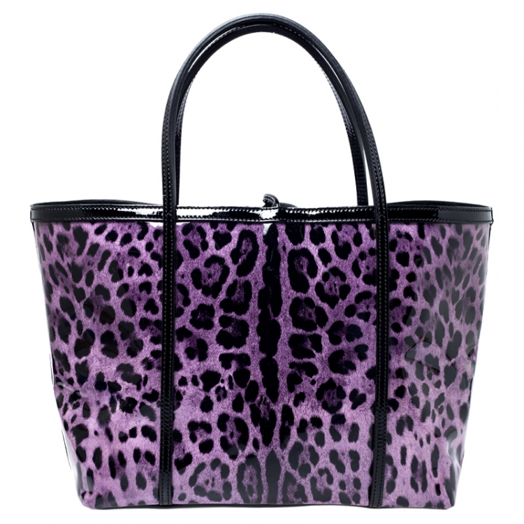 Pre Owned Dolce & Gabbana Black/Lavander Leopard Print Patent Leather Miss Escape Tote