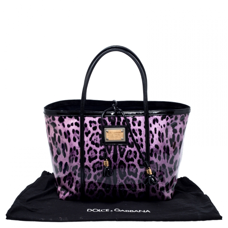 Pre Owned Dolce & Gabbana Black/Lavander Leopard Print Patent Leather Miss Escape Tote