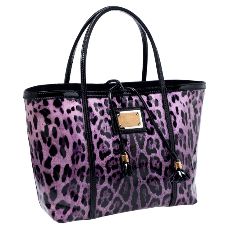 Pre Owned Dolce & Gabbana Black/Lavander Leopard Print Patent Leather Miss Escape Tote