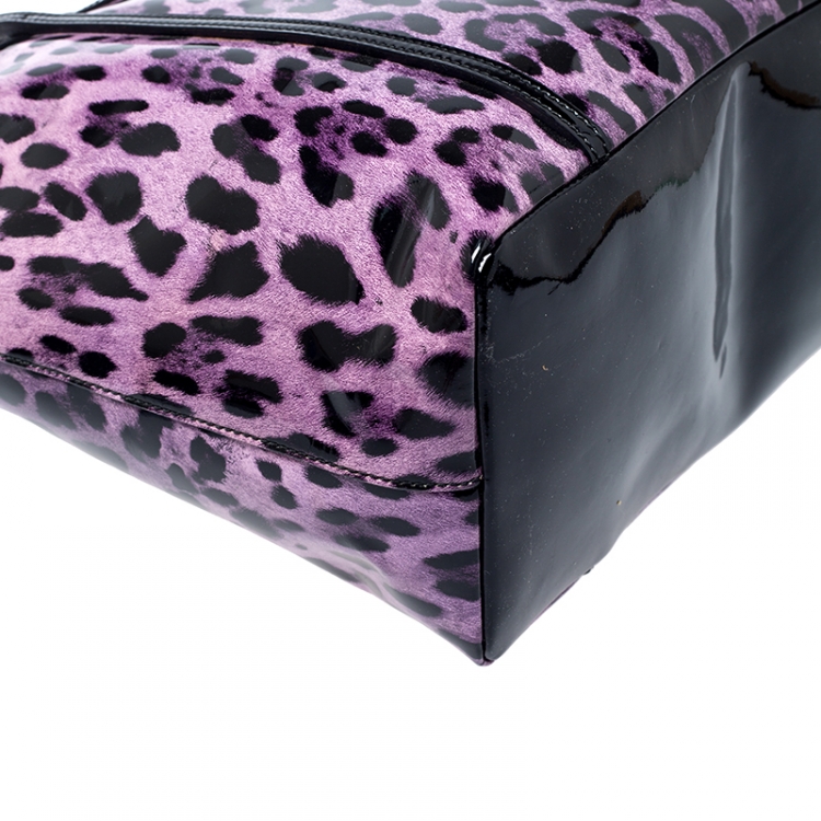 Pre Owned Dolce & Gabbana Black/Lavander Leopard Print Patent Leather Miss Escape Tote