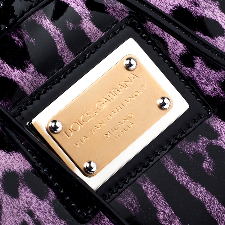 Pre Owned Dolce & Gabbana Black/Lavander Leopard Print Patent Leather Miss Escape Tote