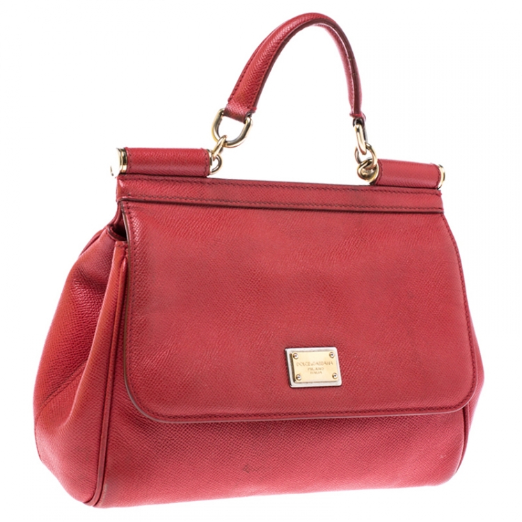 Pre Owned Dolce & Gabbana Red Leather Medium Miss Sicily Top Handle Bag