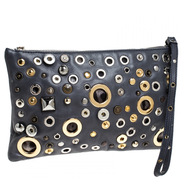 Pre Owned Dolce and Gabbana Ash Blue Leather Eyelet Studded Clutch